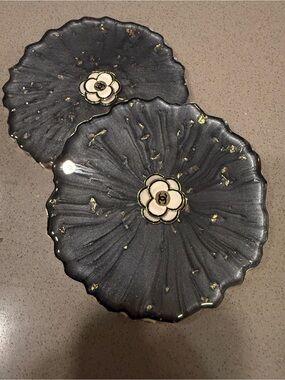 Handmade Resin Black and Gold Camellia Coasters (Set)
